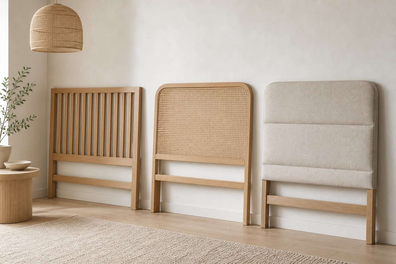 Muestras de cabeceros nórdicos de madera clara, rejilla natural y tejido de lino