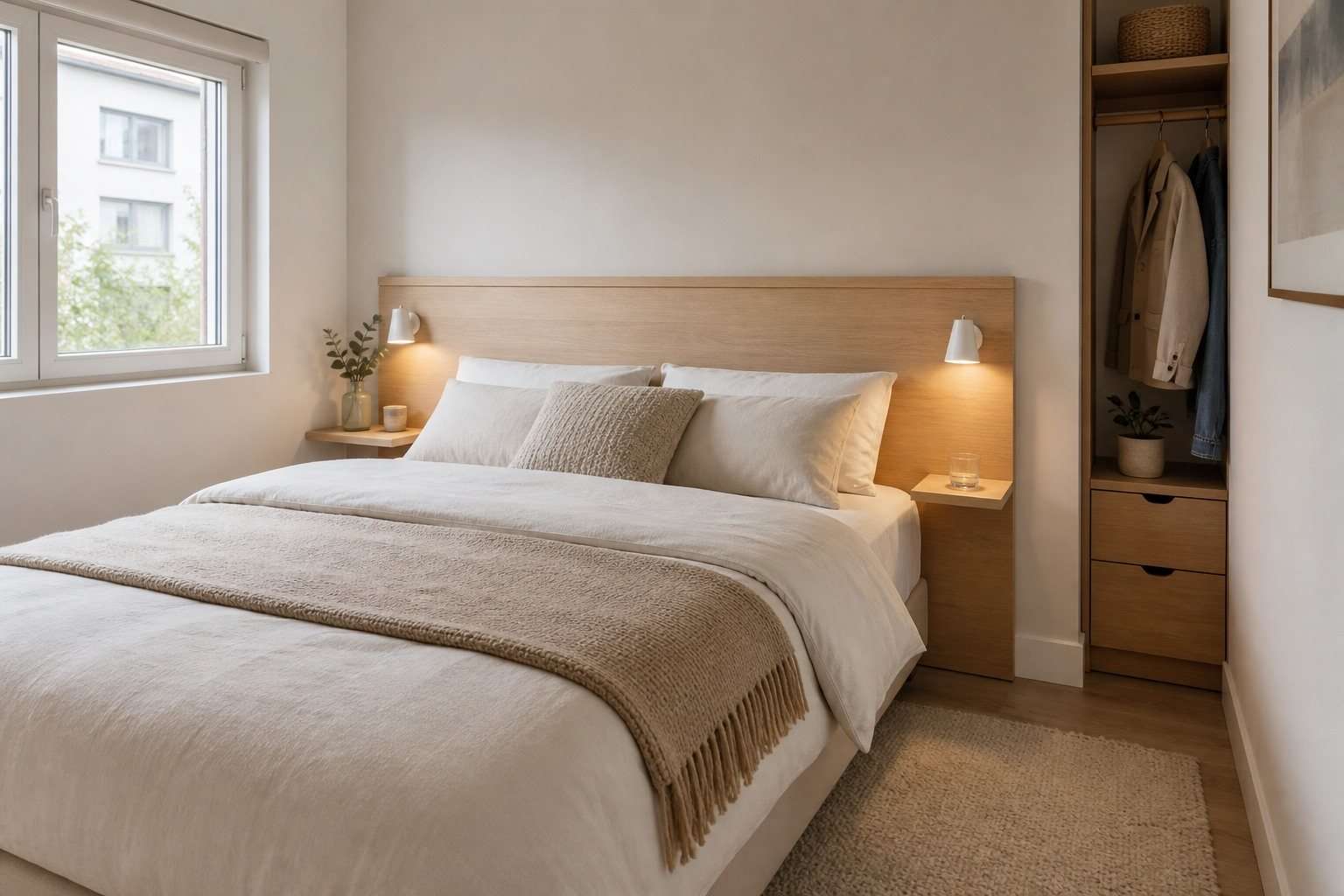 Dormitorio pequeño con cabecero nórdico de roble, repisas y luces de lectura integradas